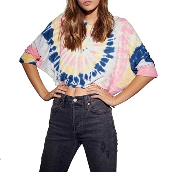 Nation LTD Top Crop Pima Cotton Spiral Tie Dye Elbow Length Batwing Multi L NWT - Picture 2 of 14